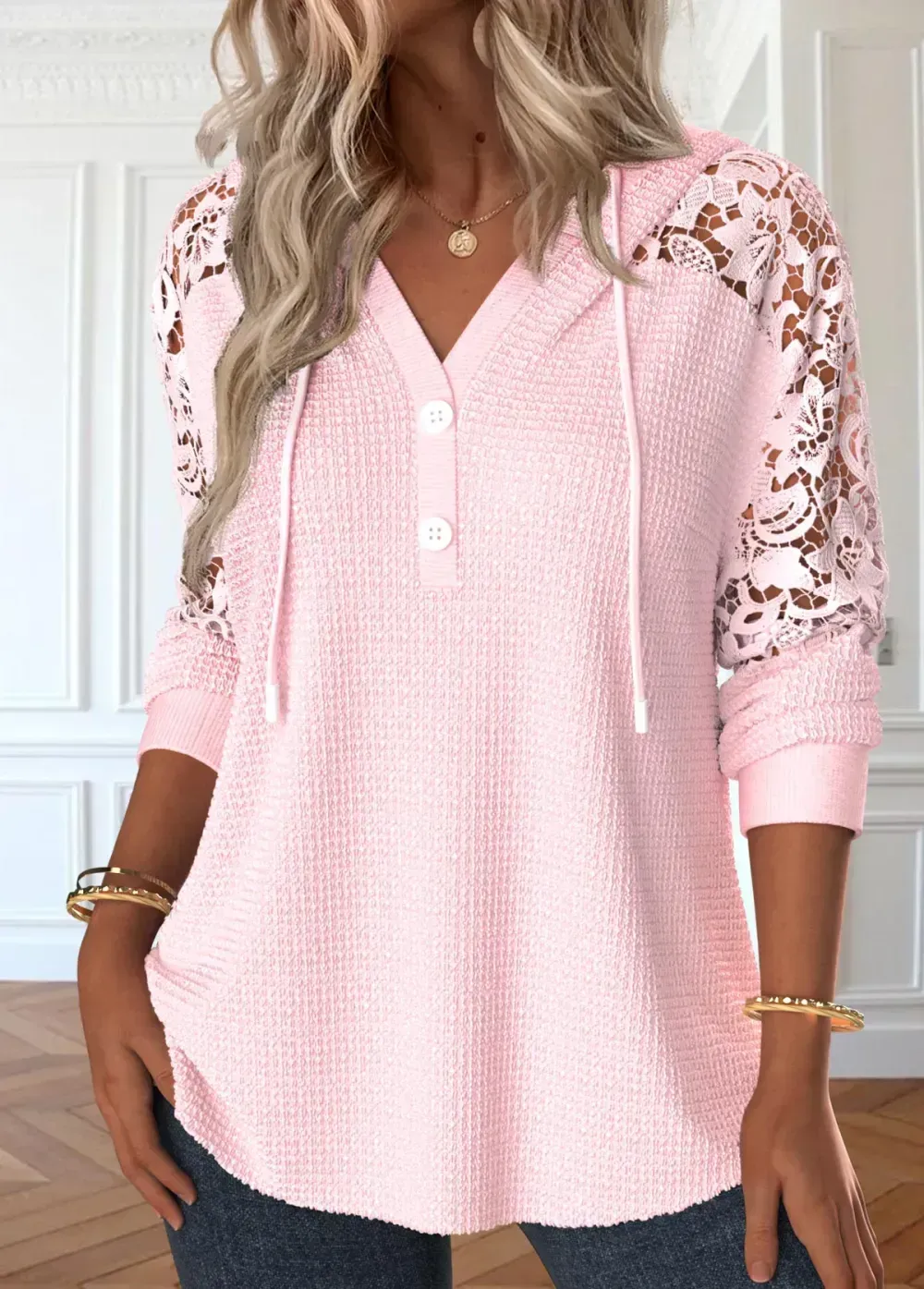 Light Pink Lace Long Sleeve Hoodie