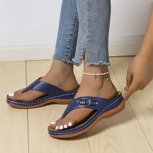 Women's Flip-Flops Flip-Flops Wedge Heel Open Toe Casual PU Leather Loafer Black Blue Brown