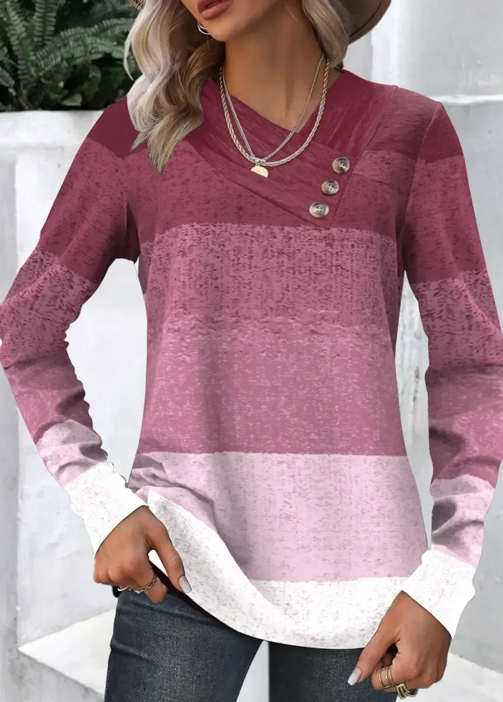 Dark Reddish Purple Button Ombre Long Sleeve Sweatshirt