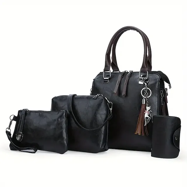 Women's Tote Bag Set Boston Bag PU Leather Shopping Daily Zipper Adjustable Large Capacity Waterproof Solid Color Black Pink Red