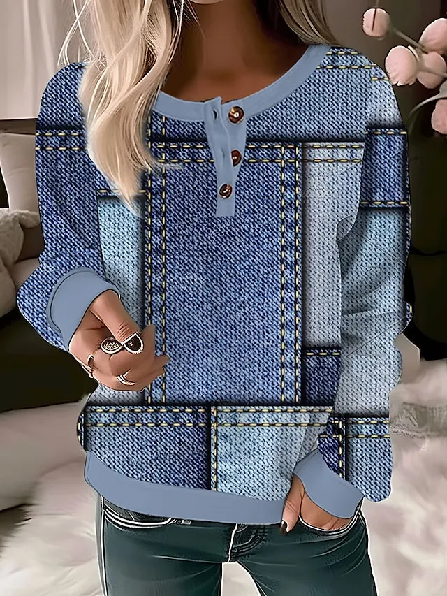 Women's Sweatshirt Pullover Basic Button White Yellow Red Geometric Casual Sports Round Neck Long Sleeve Top Micro-elastic Fall & Winter