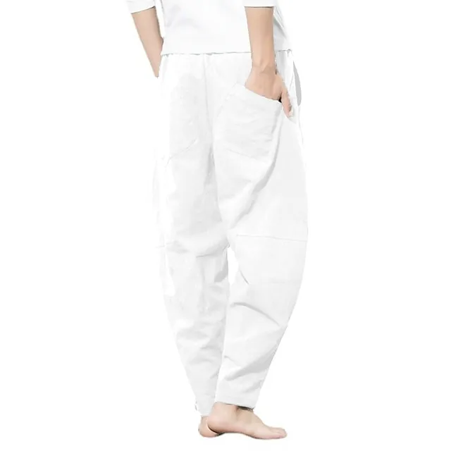 Men's Linen Pants Trousers Summer Pants Bloomers Beach Pants Pocket Drawstring Elastic Waist Plain Lightweight Ankle-Length Daily Yoga Fashion Casual Loose Fit Black White