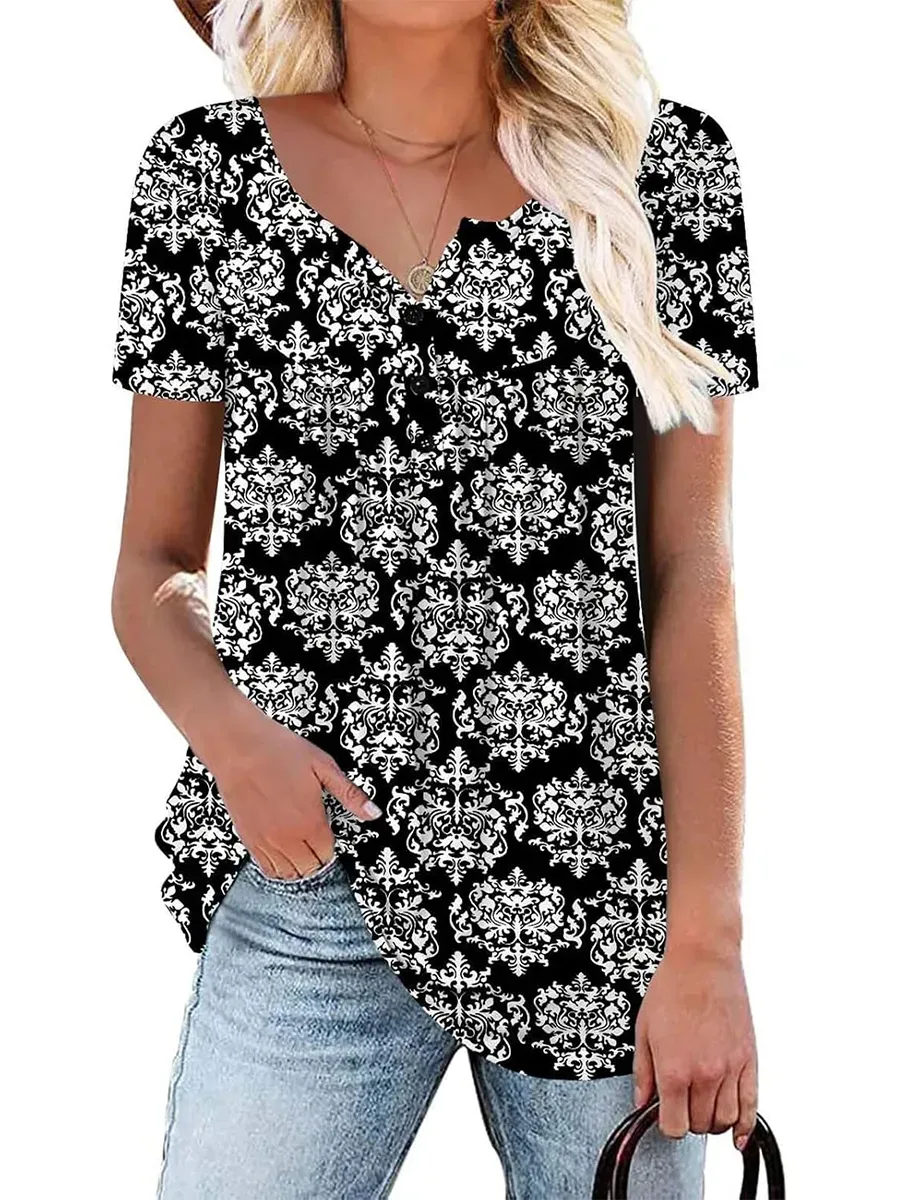 ✨Women's Printed Botton Down Pleated Short Sleeve Shirts Tunic Tops