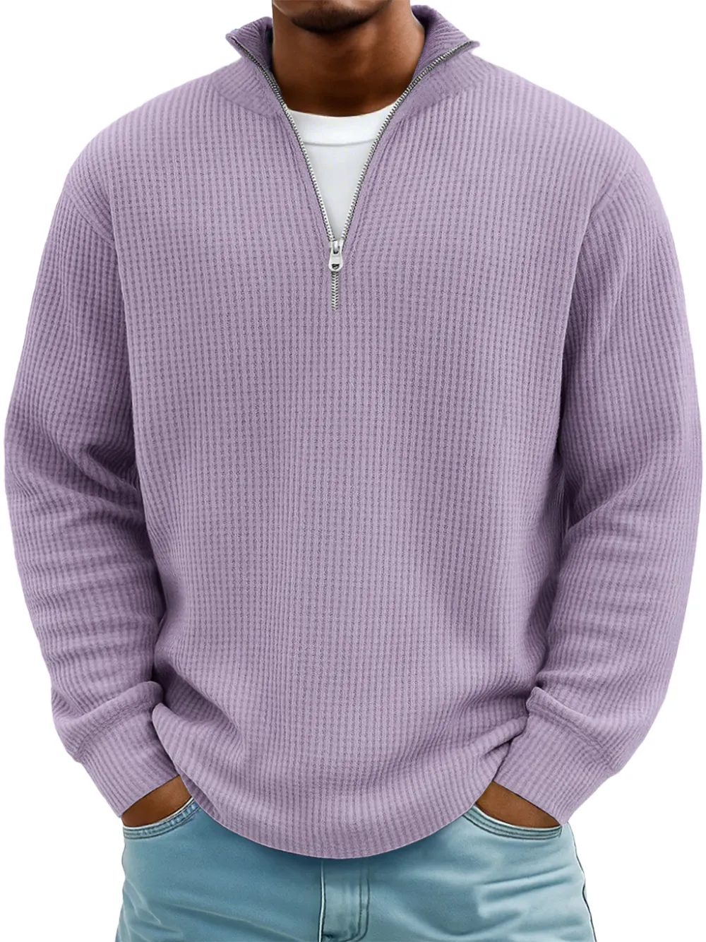 Men's Casual Simple Breathable Fabric Stand Collar Zipper Long Sleeve T-shirt