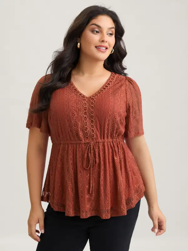V Neck Lace Panel Drawstring Blouse