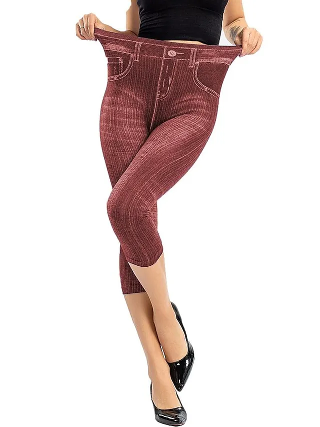 Women's Jeans Skinny Bell Bottom Calf-Length Faux Denim Print High Elasticity High Waist Tights Casual / Sporty Casual Weekend Black Red S M