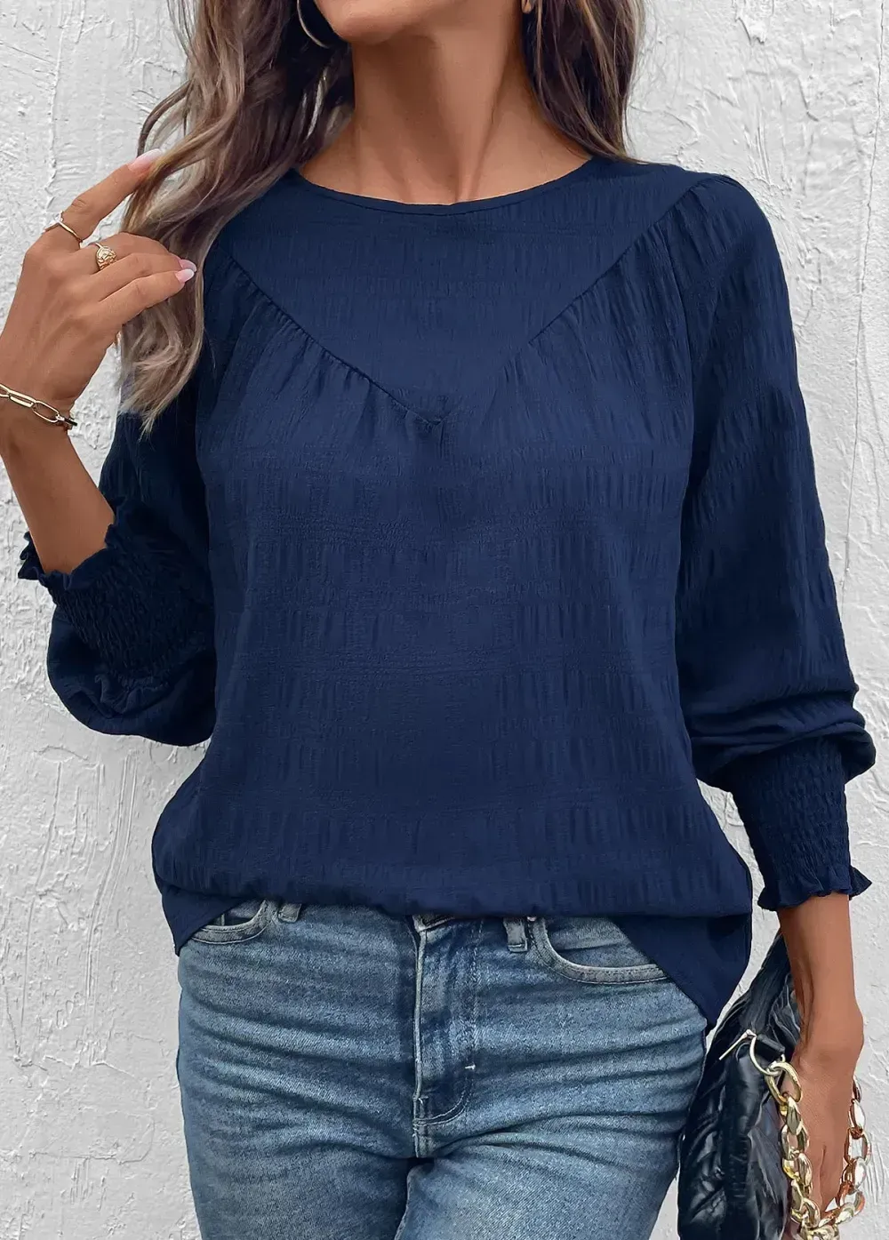Navy Smocked Long Sleeve Round Neck Blouse