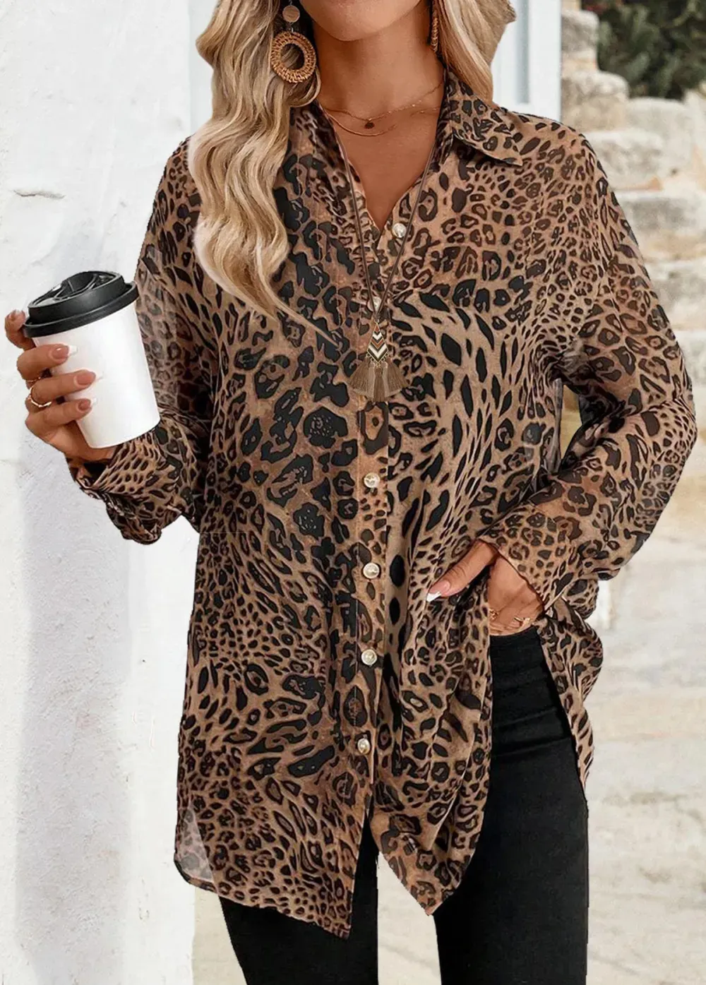 Light Coffee Tummy Coverage Leopard Long Sleeve Shirt