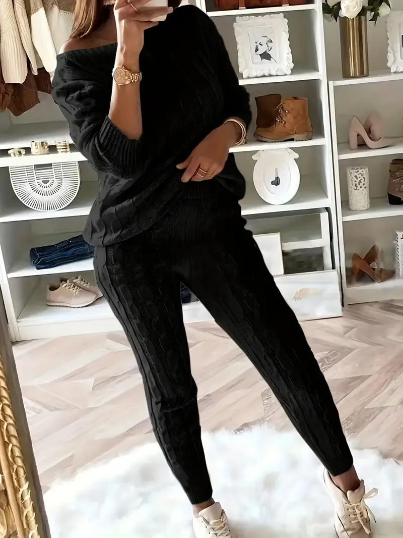 Solid Knitted Matching Two-piece Set, Casual Long Sleeve Sweater & Pants Outfits, Women's Clothing