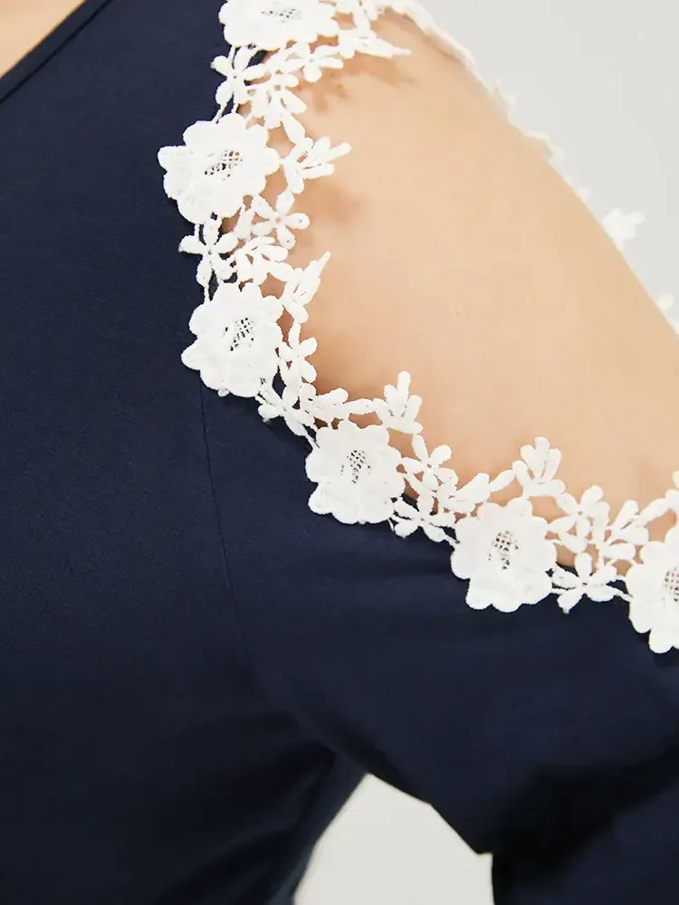 Solid Guipure Lace Cold Shoulder T-shirt