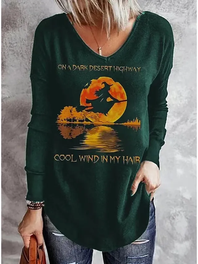 Women's T shirt Tee Tunic Black Blue Green Letter Ghost Print Long Sleeve Halloween Basic V Neck Regular Loose Fit S