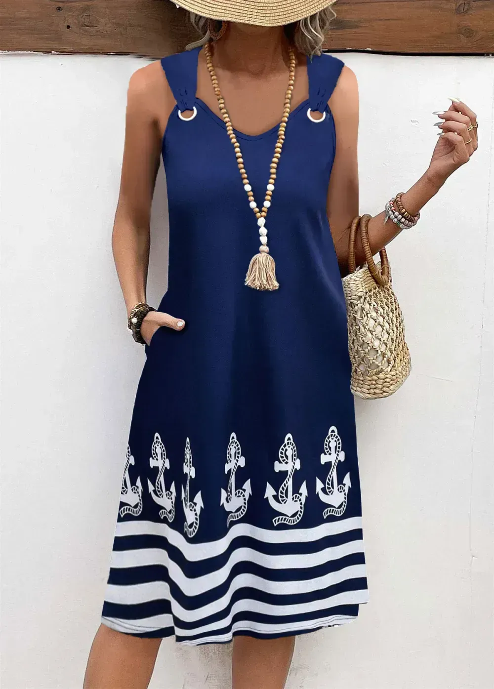 Navy Pocket Geometric Print A Line Sleeveless Dress