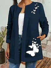 Women's Casual Lightweight Coat Open Front Work Print Geometric Comfortable Boho Vintage Regular Fit Long Sleeve With Pocket Outerwear Long Sleeve Fall Lake blue S