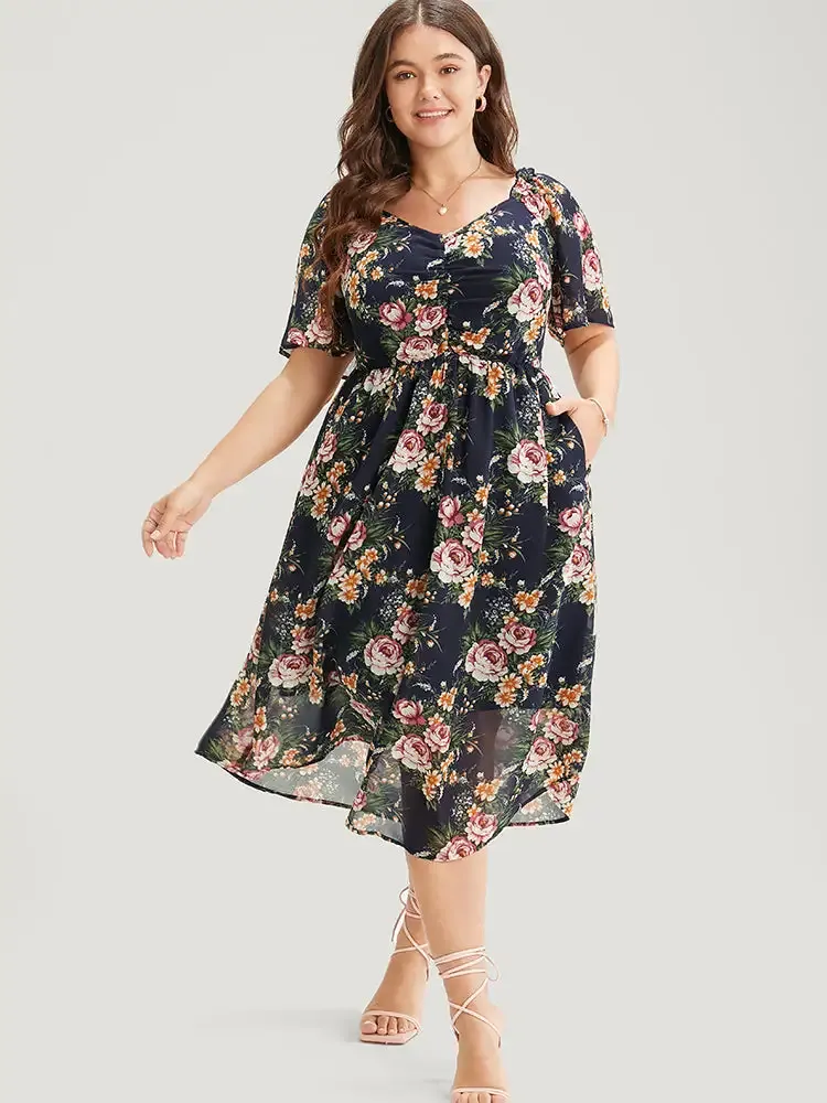 Floral Print Ruched Pocket Frill Trim Ruffle Arc Hem Dress