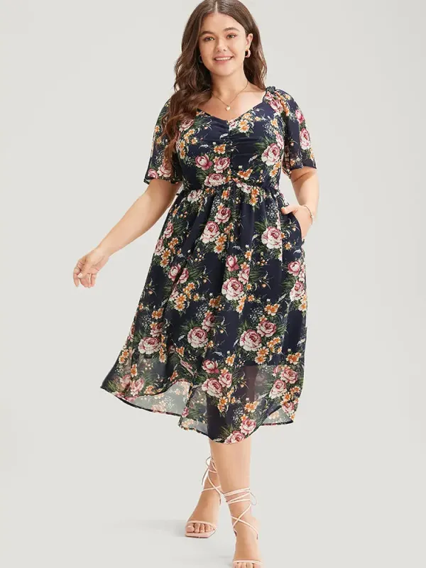 Floral Print Ruched Pocket Frill Trim Ruffle Arc Hem Dress