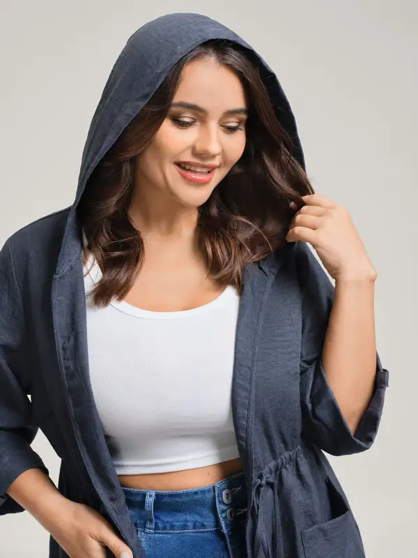 Adjustable Waist-Tie Pockets Hooded Jacket