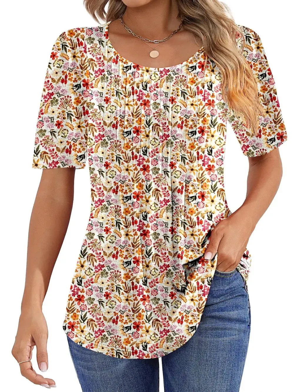 📣Women Summer Pleated Short Sleeve Tunic Blouses Tops