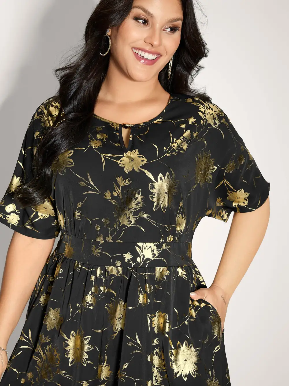 Gold Stamp Shirred Back-Waist Maxi Dress