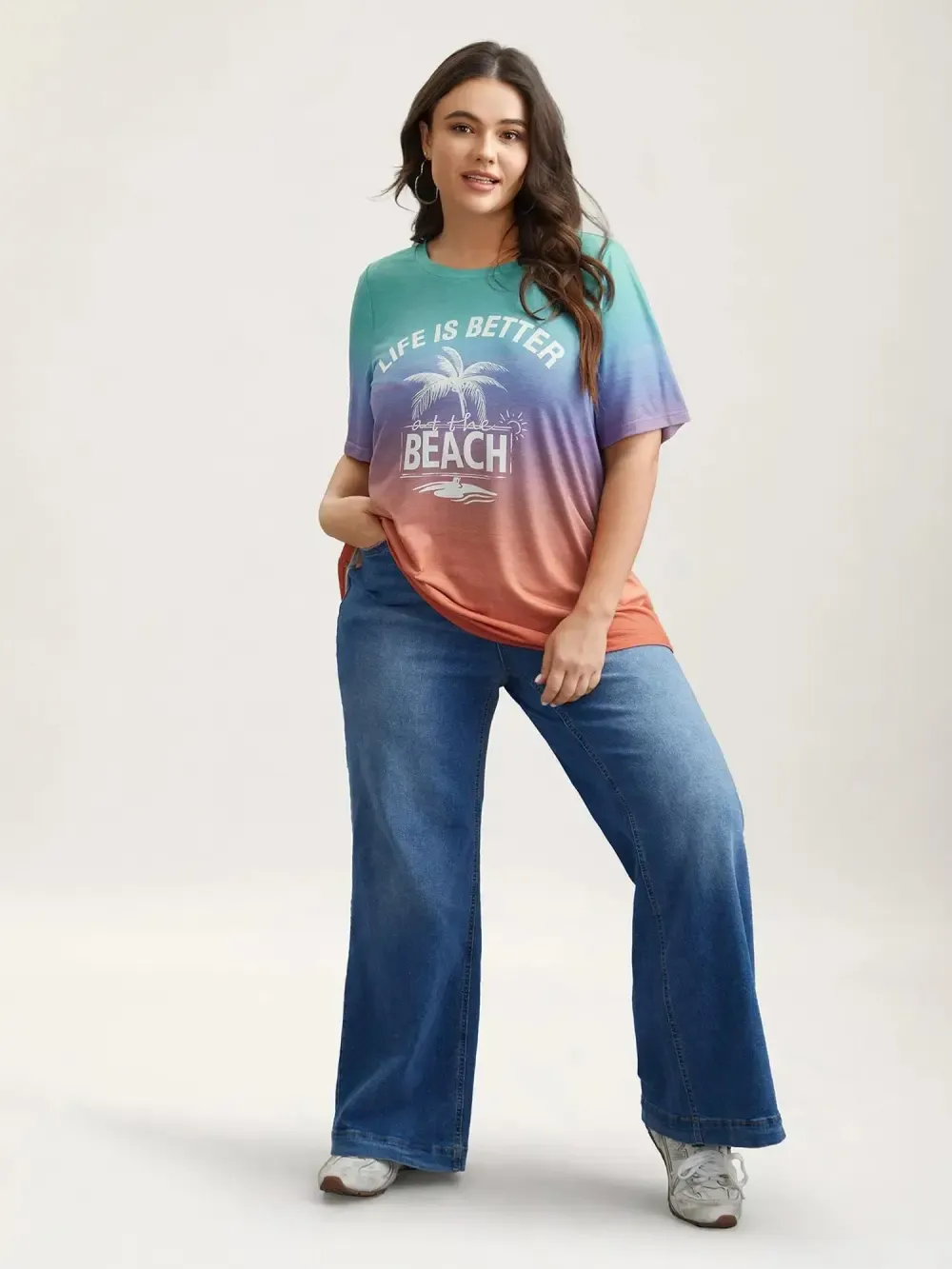 Gradient Beach Print Fitted T-Shirt