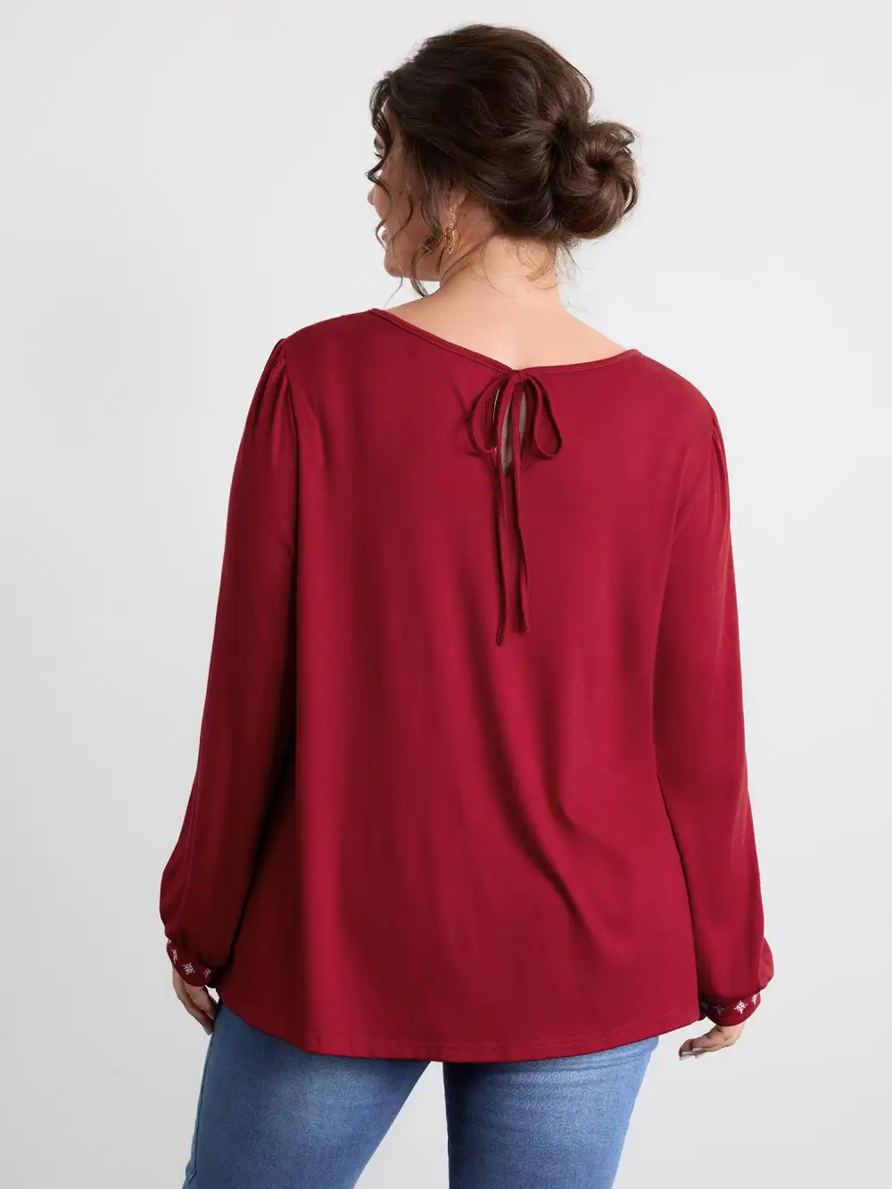 Holiday Embroidered Neckline Pleated Knit Top