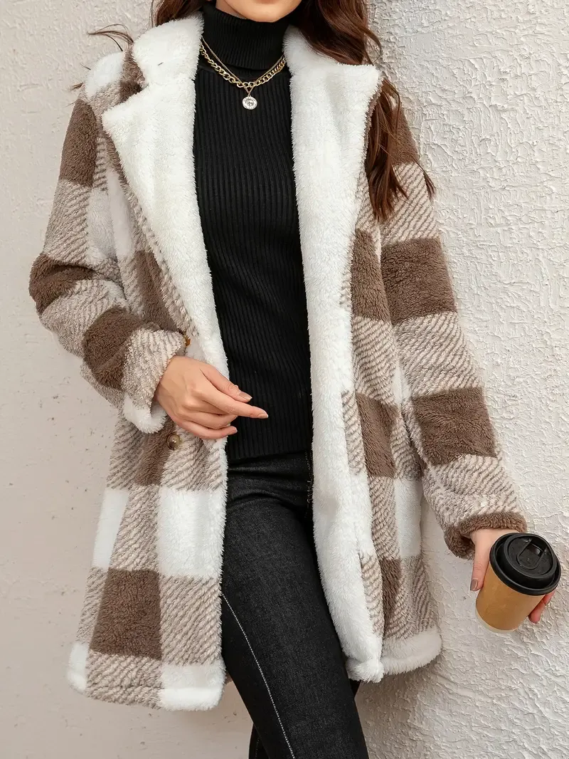 Double Breasted Lapel Teddy Coat, Versatile Long Sleeve Textured Thermal Winter Outerwear
