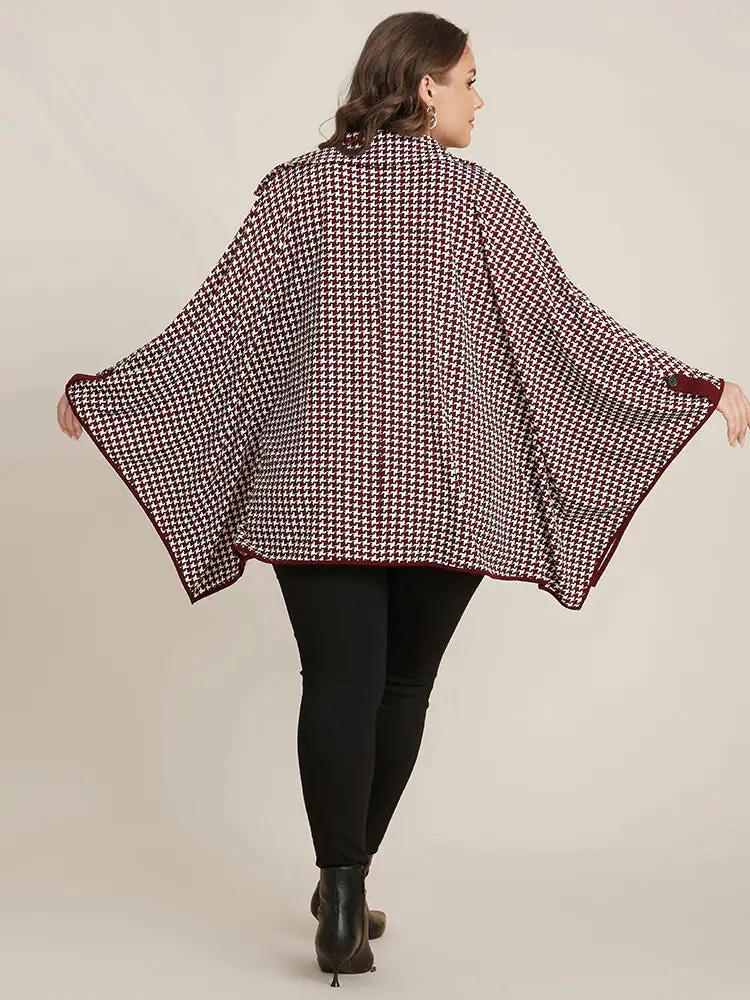Houndstooth Contrast Dolman Sleeve Suit Collar Belted Coat