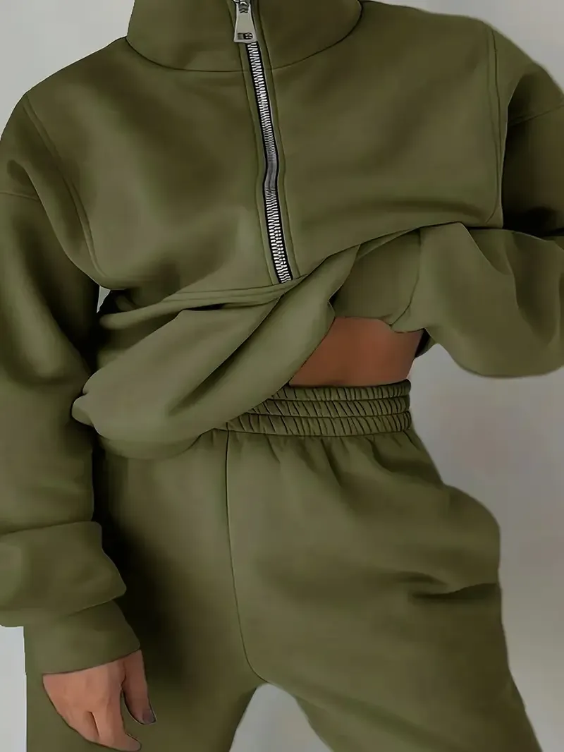 Two-Piece Solid Color Casual Outfit - High Neck Zip Front Long Sleeve Sweatshirt & Elastic Waist Pants