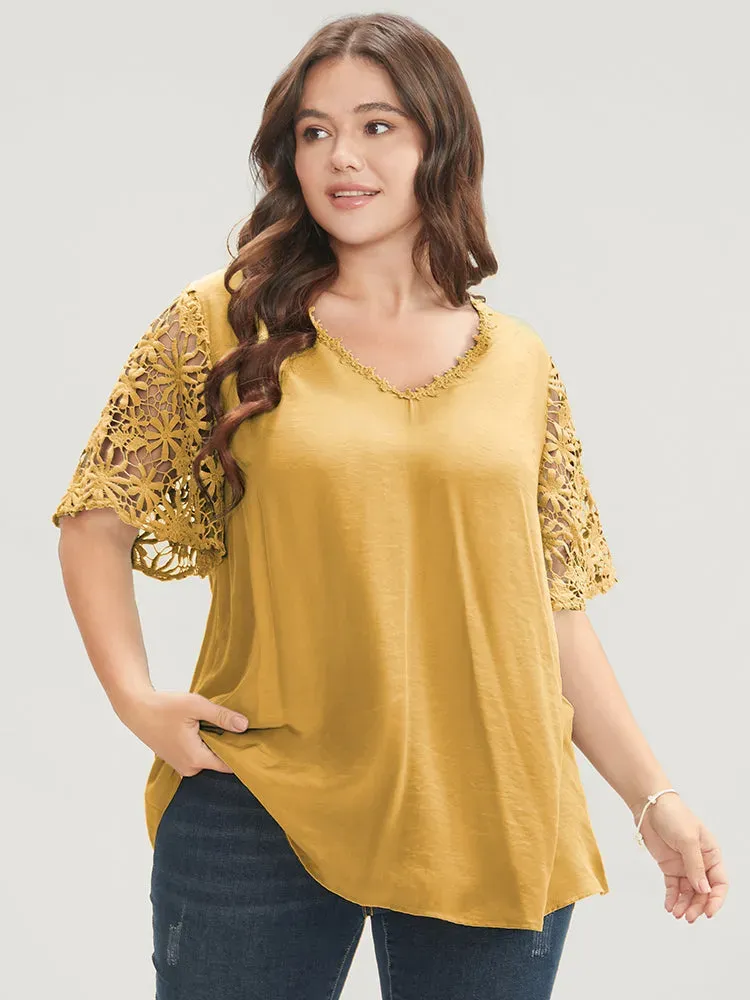 Plain V Neck Floral Patchwork Blouse