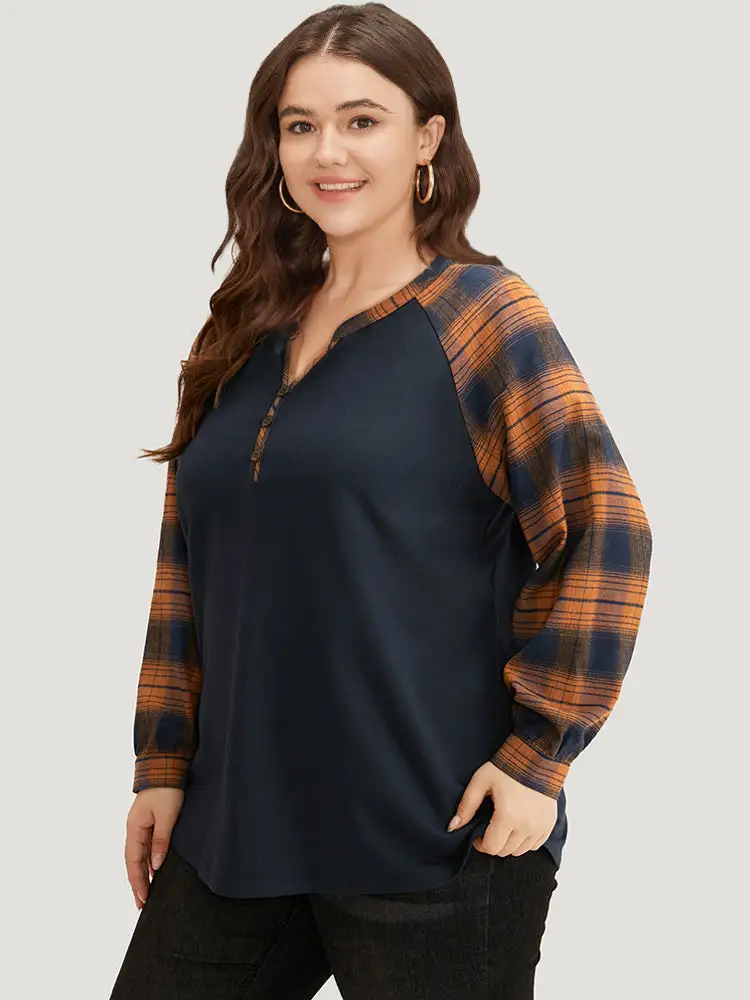 Plaid Patchwork Notched Button Detail Sweatshirt