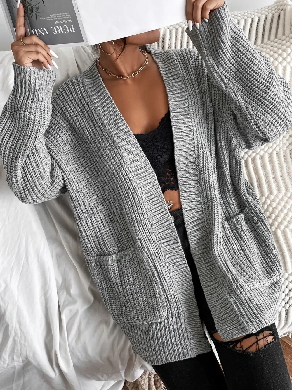 Frenchy Solid Dual Pockets Ribbed Knit Cardigan