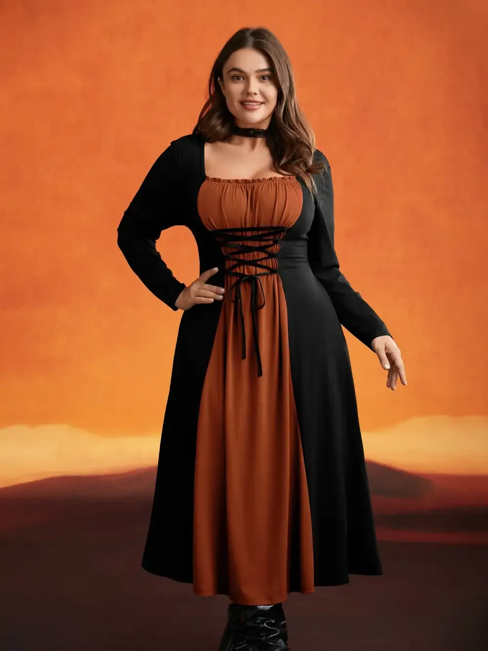 Stretchy Knit Adjustable Tie Frill Trim Midi Dress