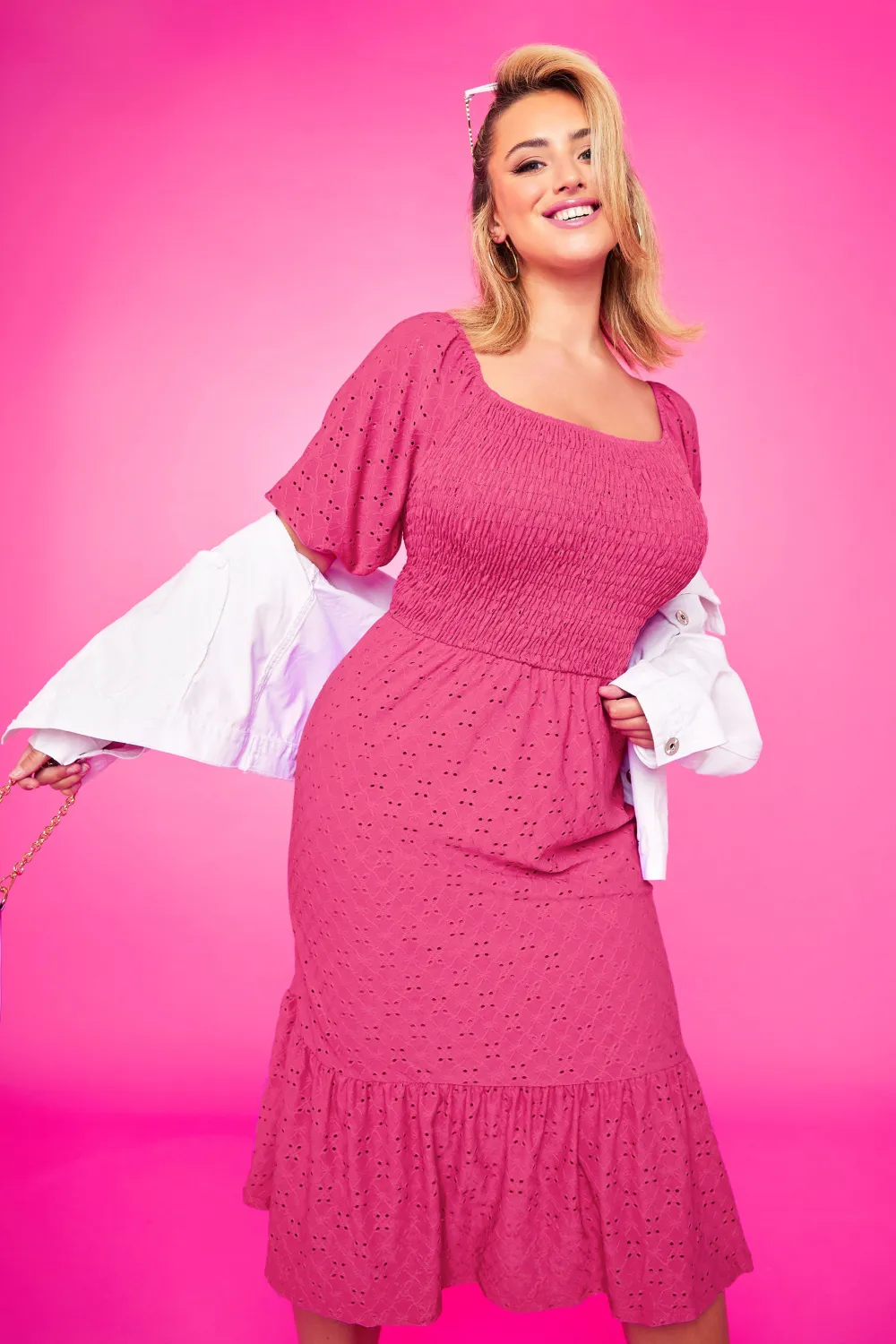 YOURS Curve Pink Shirred Broderie Anglaise Midaxi Dress