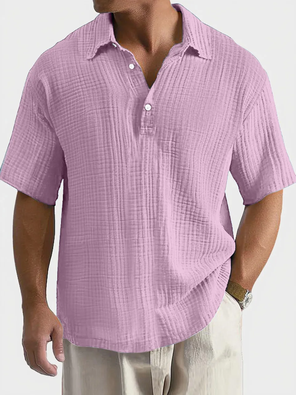 Men's Casual, Comfortable, Breathable Pleated Texture Button Short-sleeved Polo Shirt