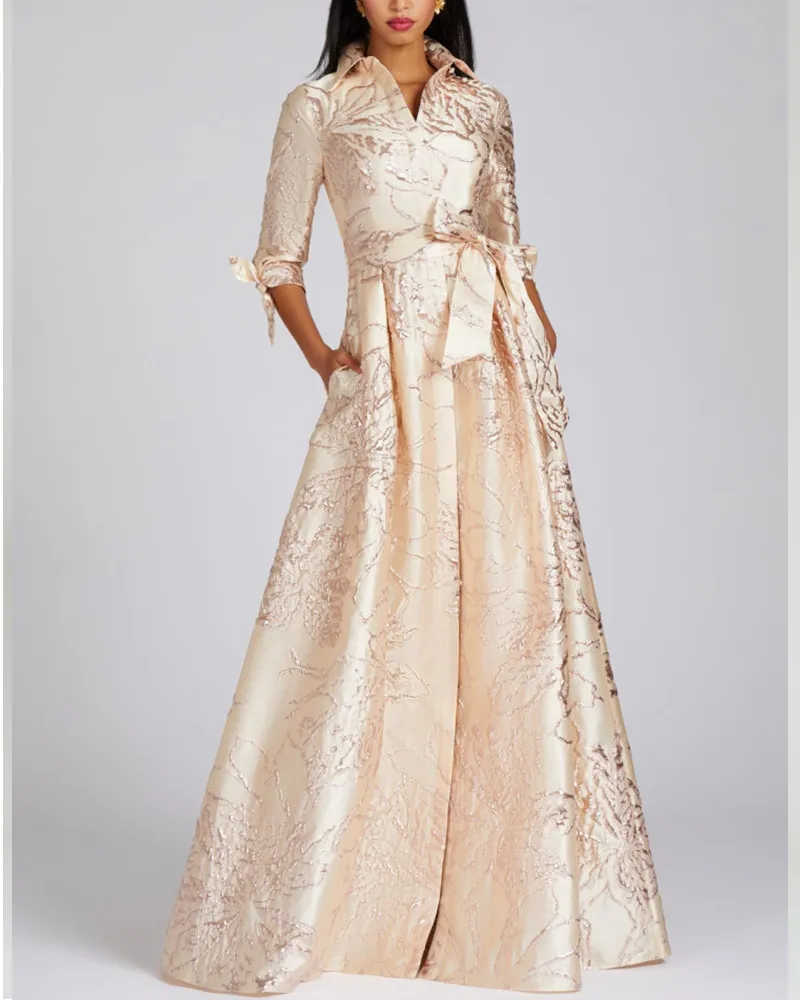 Gown shirt collar maxi dress bow