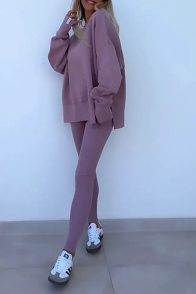 Women's solid color round neck top and pants two-piece set