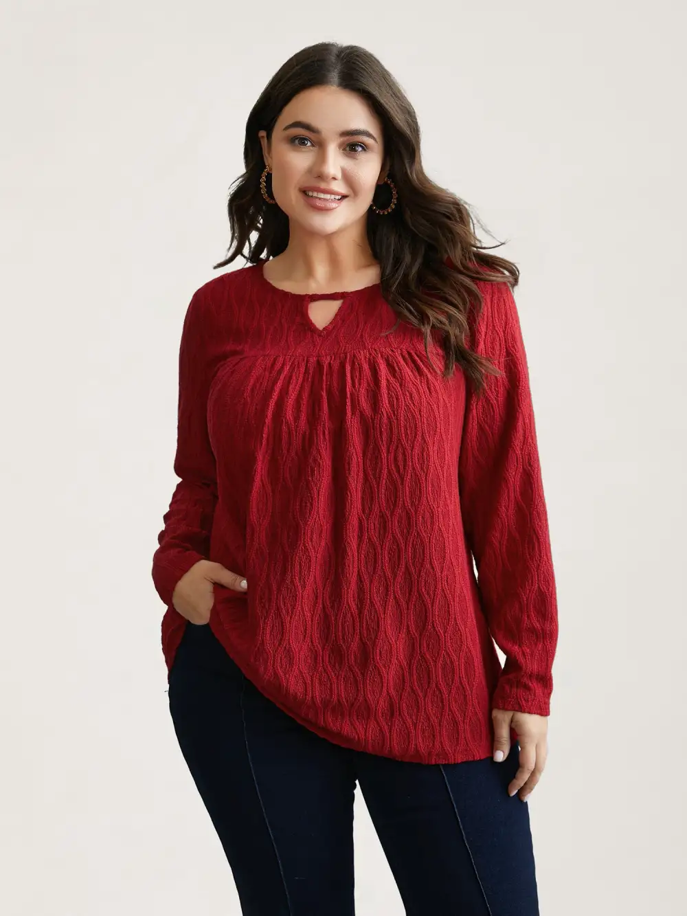 Textured Keyhole Gathered Knit Top