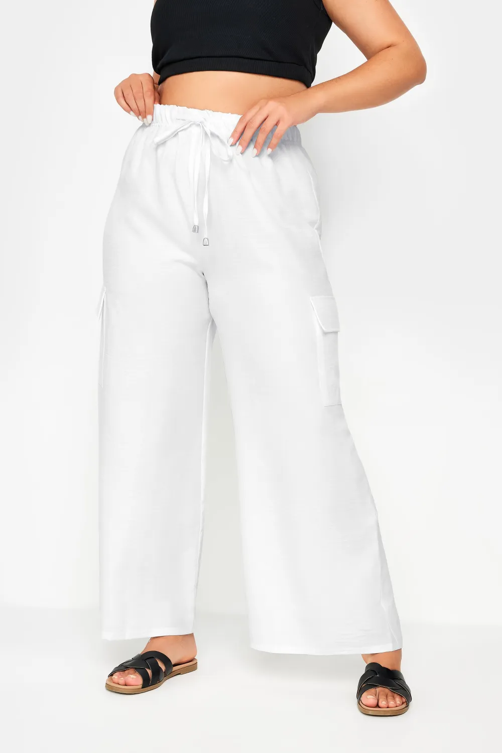 YOURS Curve Khaki Green Linen Look Cargo Trousers