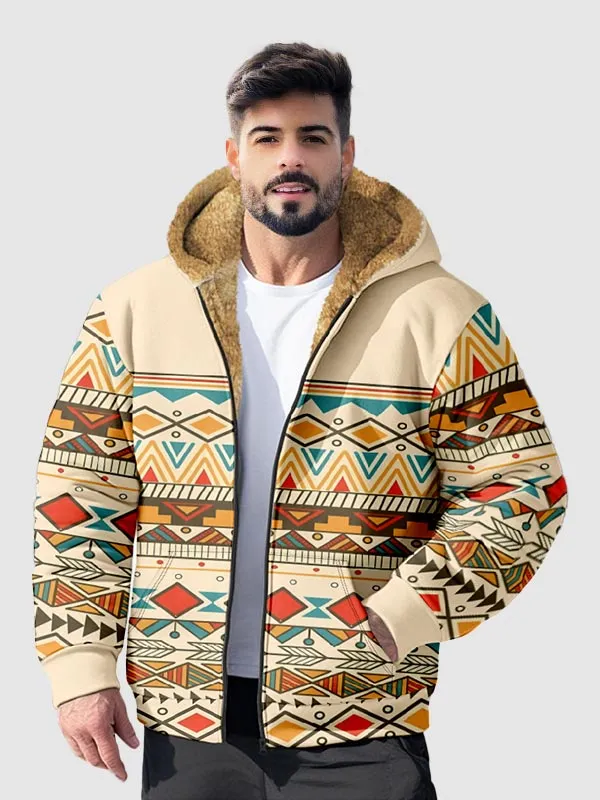 Men's Ethnic Fleece Full Zip Retro Print Hoodie Jacket