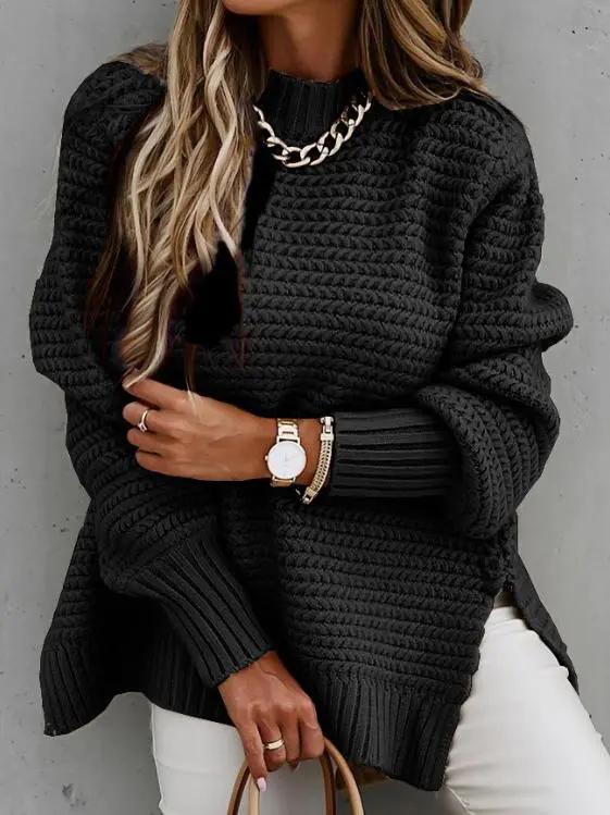 Women's Sweaters Half Turtleneck Solid Split Sweater