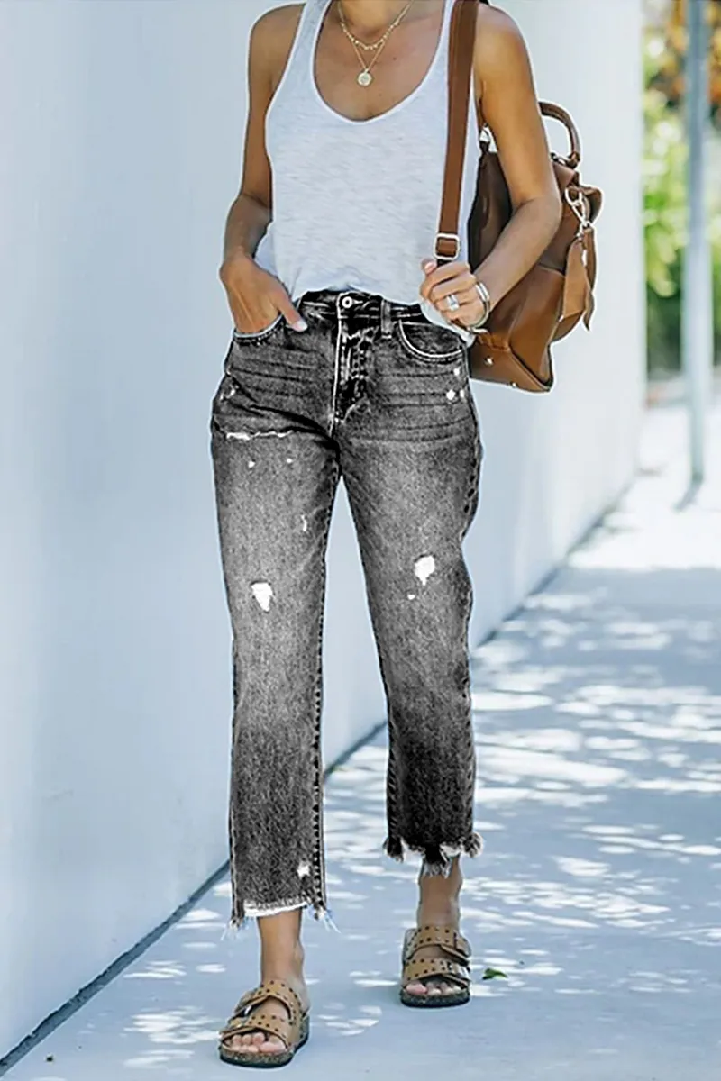 Ripped Raw Hem Zip Fly Jeans