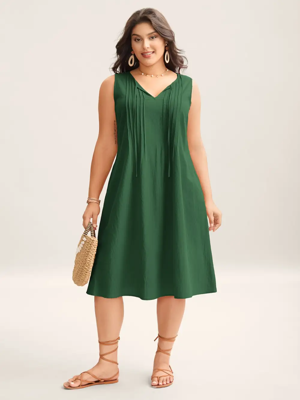 Cotton Toothpick Pleat Plain Midi Dress