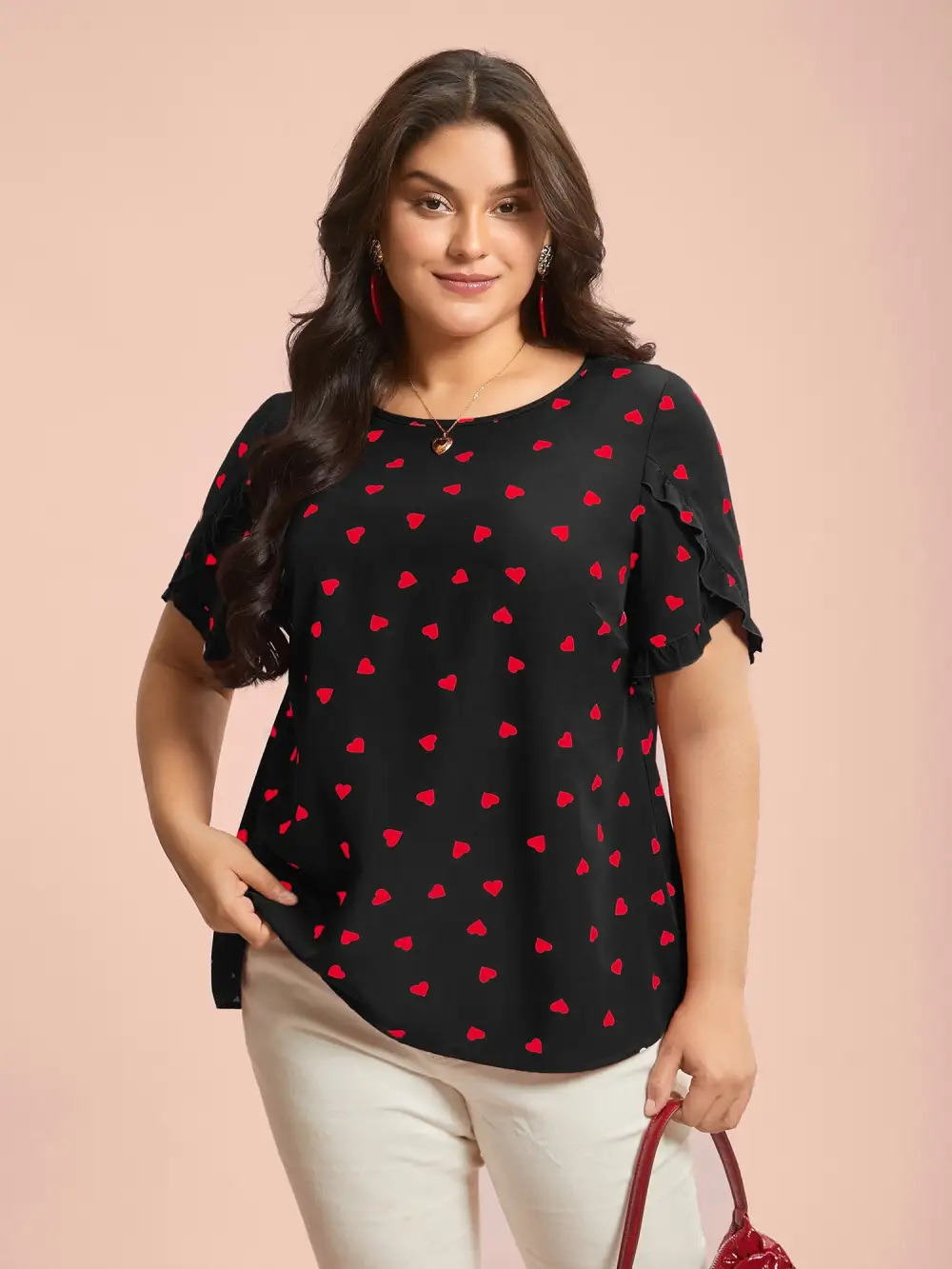 Ruffled Overlap Sleeve Heart Pattern Blouse