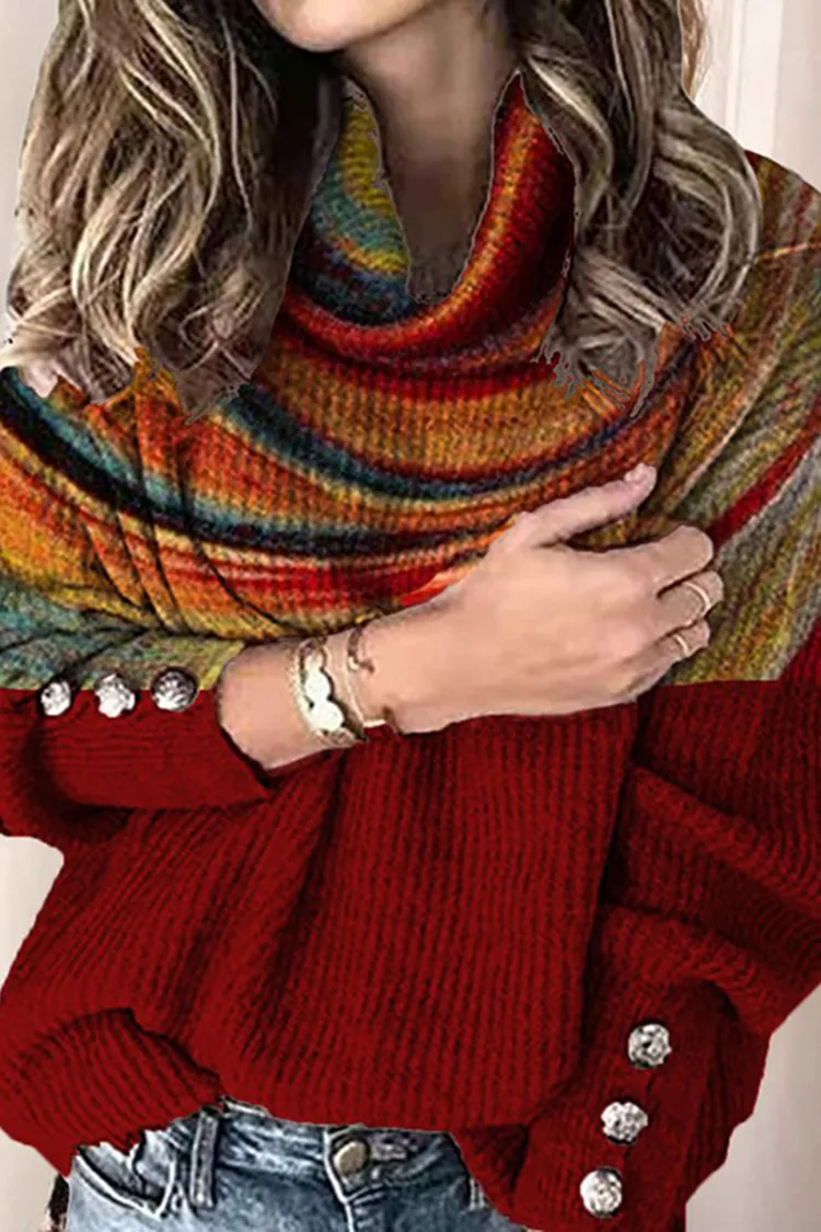 Vintage Rainbow Print Turtleneck Knit Sweater