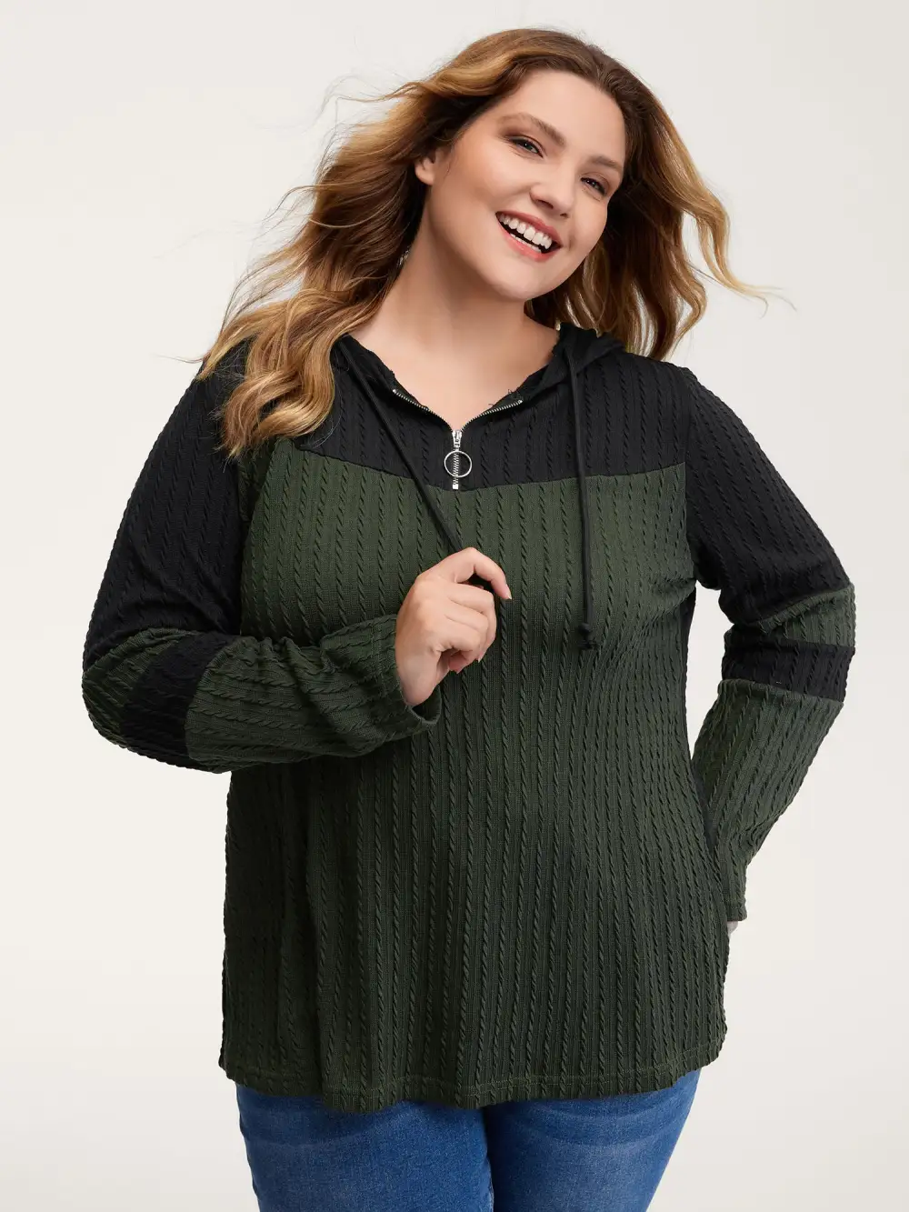 Textured Color Contrast Half-Zipper Hoodie