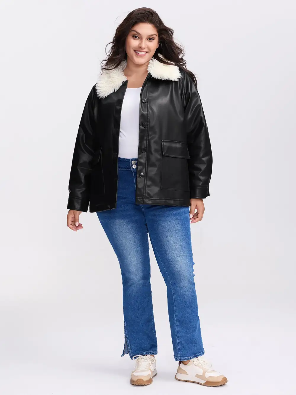 Fuzzy Collar Button Quilted Jacket