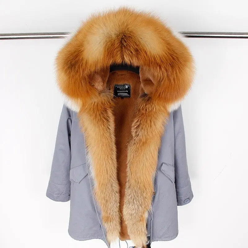 Women's Parka Natural Fox Fur Long Coat Artificial Fur Lining Fur