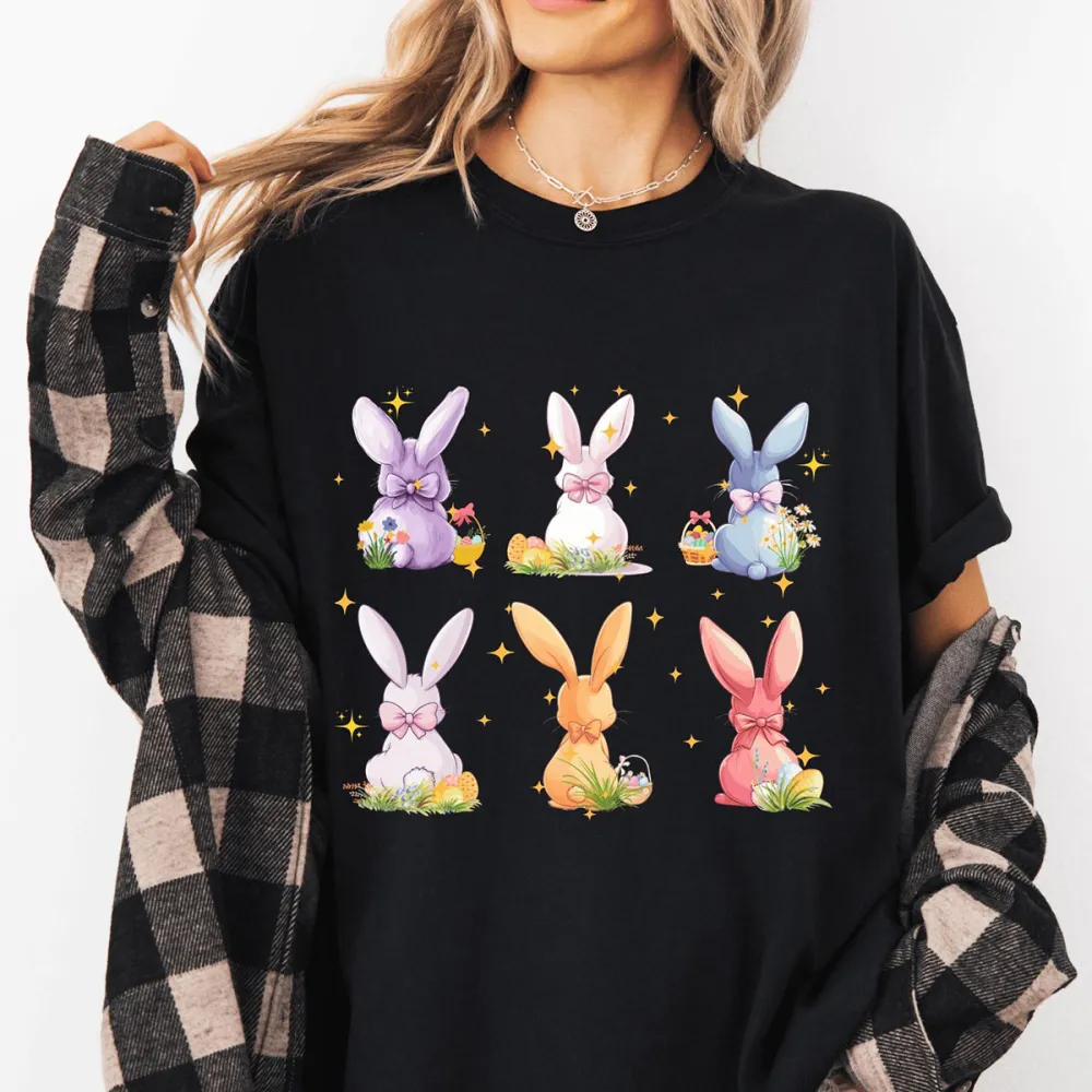 T-shirt Easter Colorful Bunny And Eggs Women Printed Round Neck Short Sleeve
