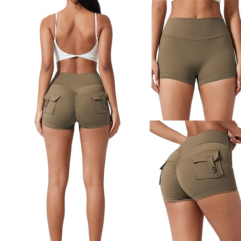 Women's All-Season High Waist Ruched Skinny Sports Shorts , Cool Breathable Solid Button Pocket , Yoga Gym Daily Errands Summer-Ready