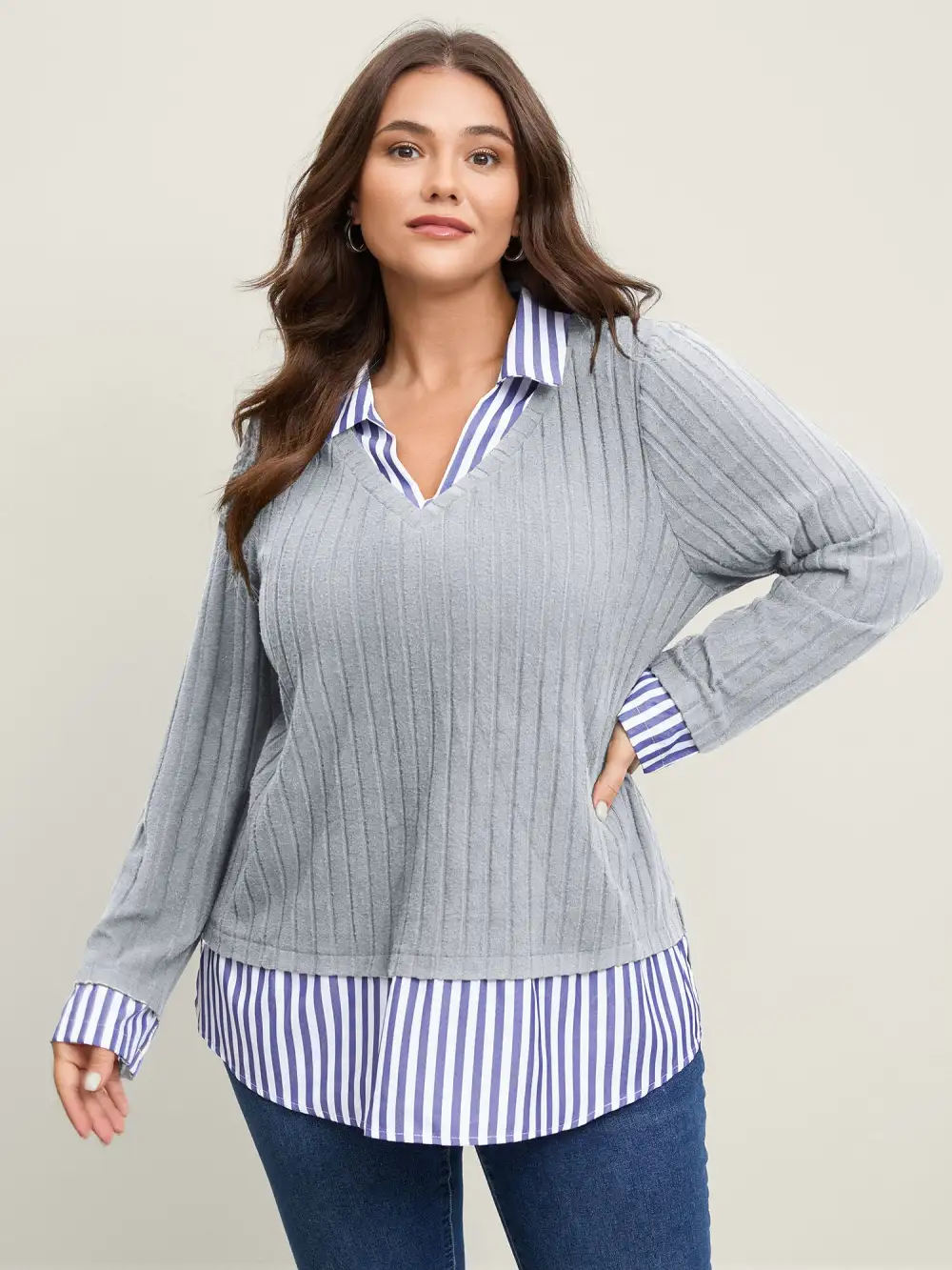Ribbed Striped Stretchy Sweatshirt Top