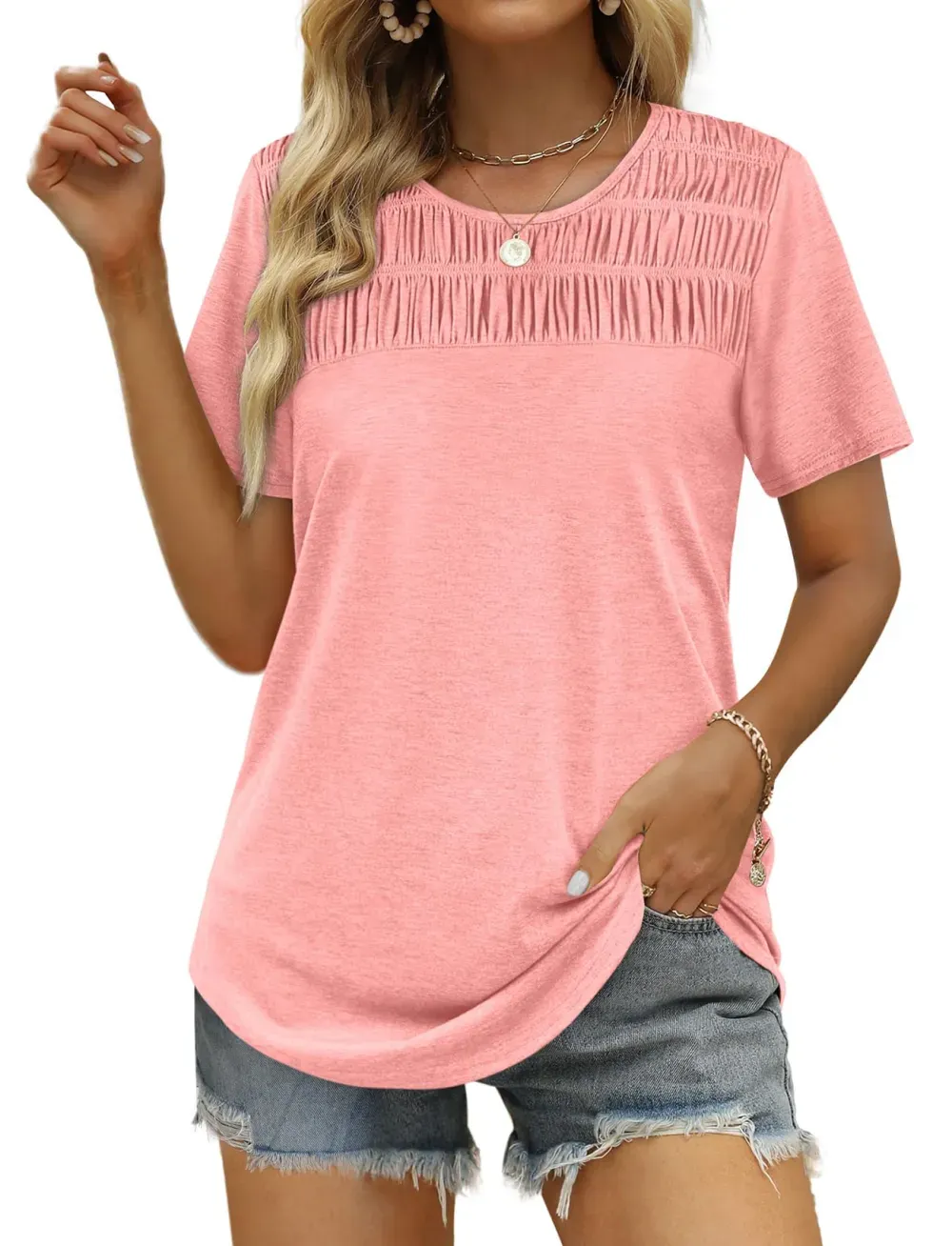 ✨Hot Sale-Women's Summer Tops 2025 Trendy Short Sleeve Shirts Smocked Crewneck Tee